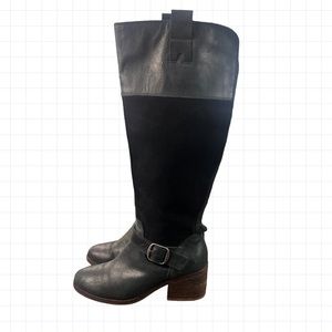 Lucky brand women size 7.5 knee high pull on riding boot black leather suede